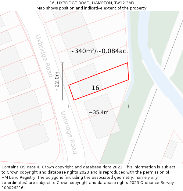 16, UXBRIDGE ROAD, HAMPTON, TW12 3AD: Plot and title map