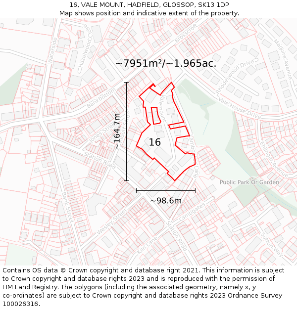 16, VALE MOUNT, HADFIELD, GLOSSOP, SK13 1DP: Plot and title map