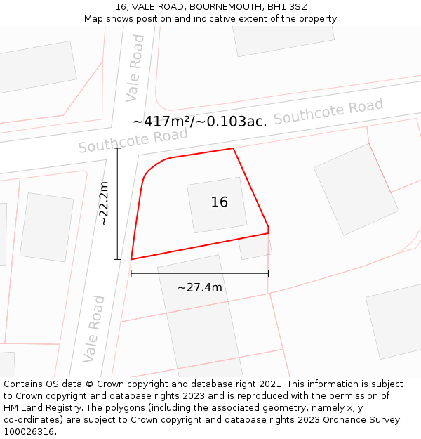 16, VALE ROAD, BOURNEMOUTH, BH1 3SZ: Plot and title map