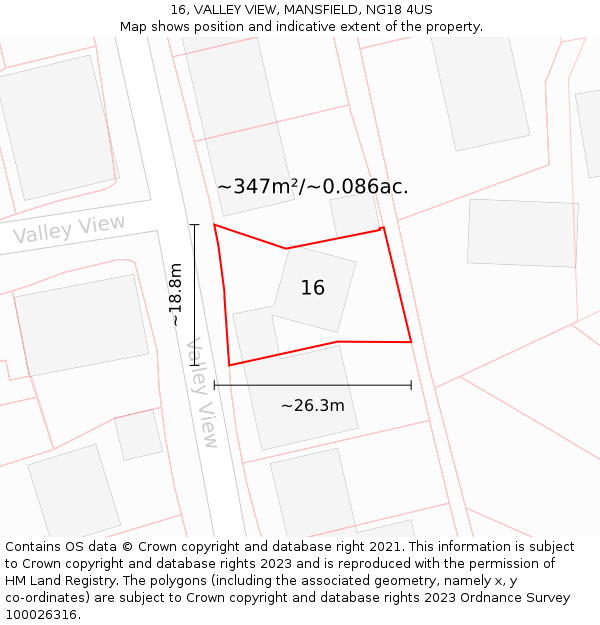 16, VALLEY VIEW, MANSFIELD, NG18 4US: Plot and title map