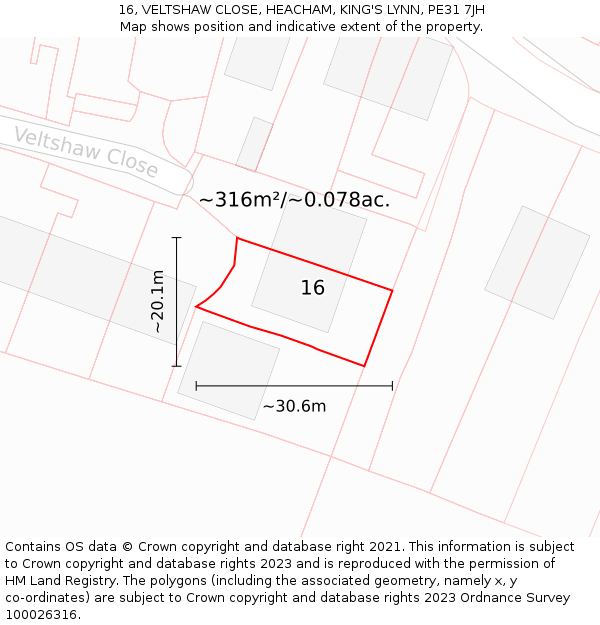 16, VELTSHAW CLOSE, HEACHAM, KING'S LYNN, PE31 7JH: Plot and title map
