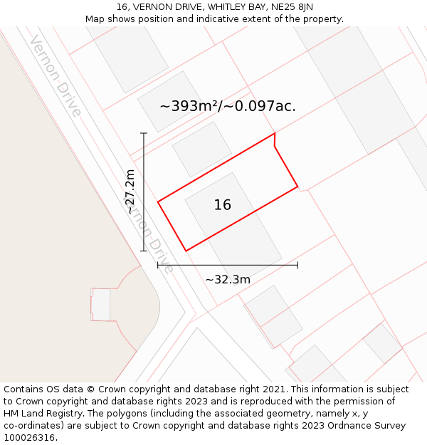 16, VERNON DRIVE, WHITLEY BAY, NE25 8JN: Plot and title map