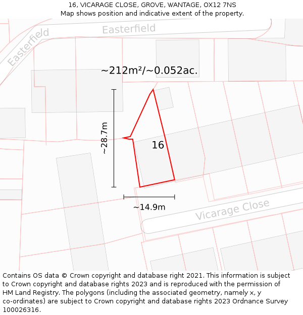 16, VICARAGE CLOSE, GROVE, WANTAGE, OX12 7NS: Plot and title map