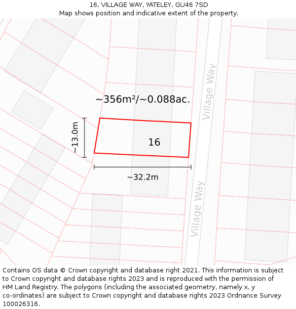 16, VILLAGE WAY, YATELEY, GU46 7SD: Plot and title map