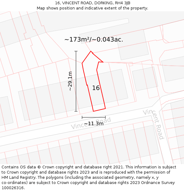 16, VINCENT ROAD, DORKING, RH4 3JB: Plot and title map