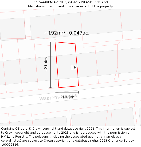 16, WAAREM AVENUE, CANVEY ISLAND, SS8 9DS: Plot and title map
