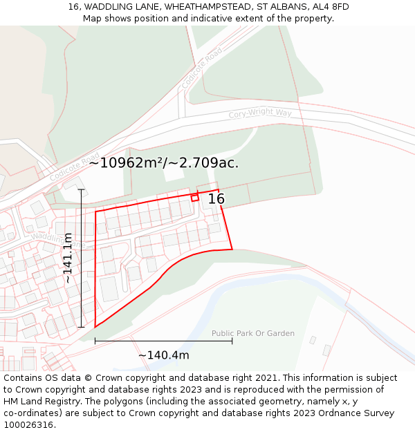 16, WADDLING LANE, WHEATHAMPSTEAD, ST ALBANS, AL4 8FD: Plot and title map