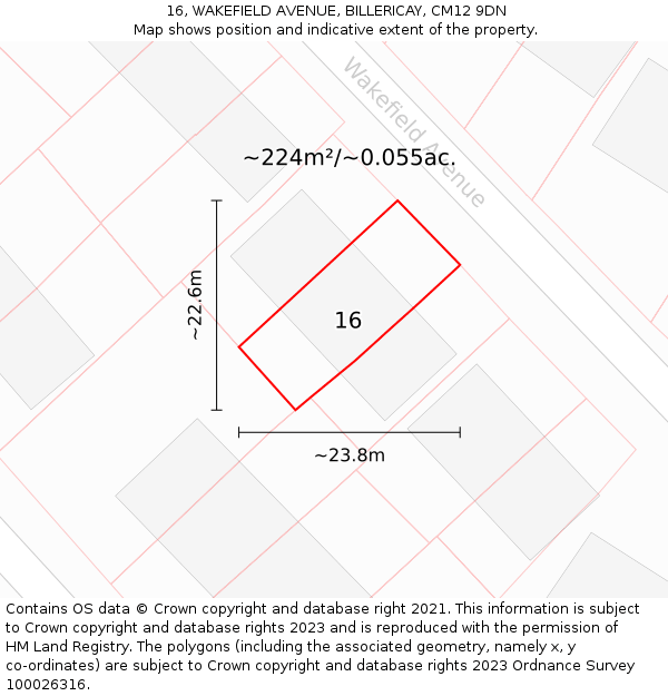 16, WAKEFIELD AVENUE, BILLERICAY, CM12 9DN: Plot and title map