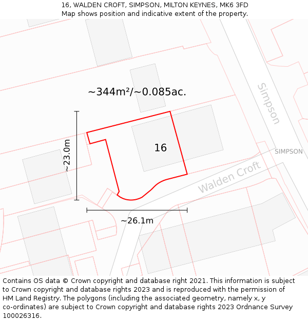 16, WALDEN CROFT, SIMPSON, MILTON KEYNES, MK6 3FD: Plot and title map