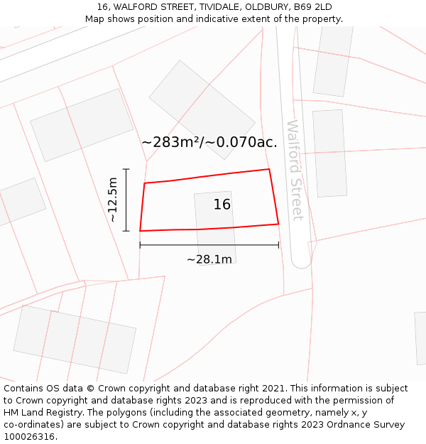 16, WALFORD STREET, TIVIDALE, OLDBURY, B69 2LD: Plot and title map