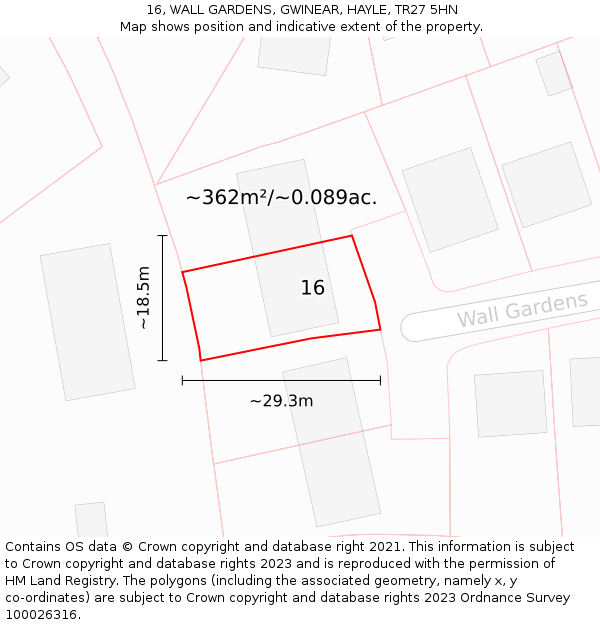 16, WALL GARDENS, GWINEAR, HAYLE, TR27 5HN: Plot and title map