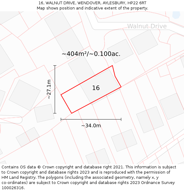16, WALNUT DRIVE, WENDOVER, AYLESBURY, HP22 6RT: Plot and title map