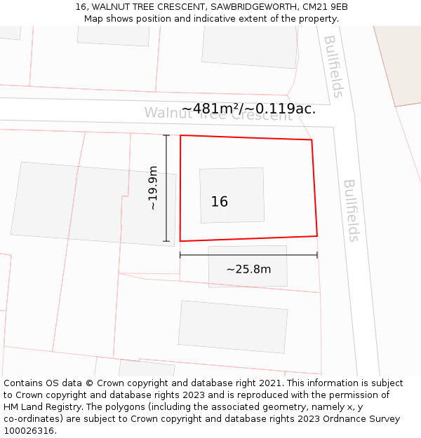 16, WALNUT TREE CRESCENT, SAWBRIDGEWORTH, CM21 9EB: Plot and title map