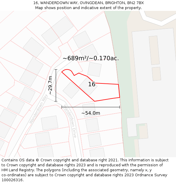 16, WANDERDOWN WAY, OVINGDEAN, BRIGHTON, BN2 7BX: Plot and title map