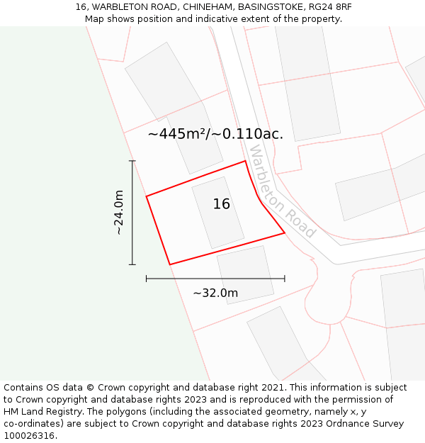 16, WARBLETON ROAD, CHINEHAM, BASINGSTOKE, RG24 8RF: Plot and title map