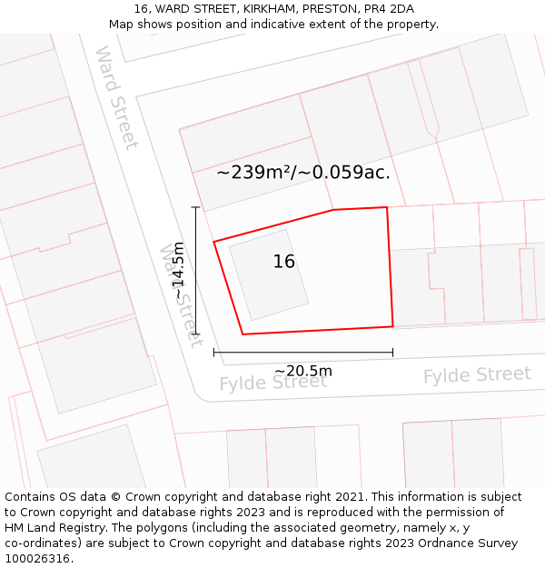 16, WARD STREET, KIRKHAM, PRESTON, PR4 2DA: Plot and title map
