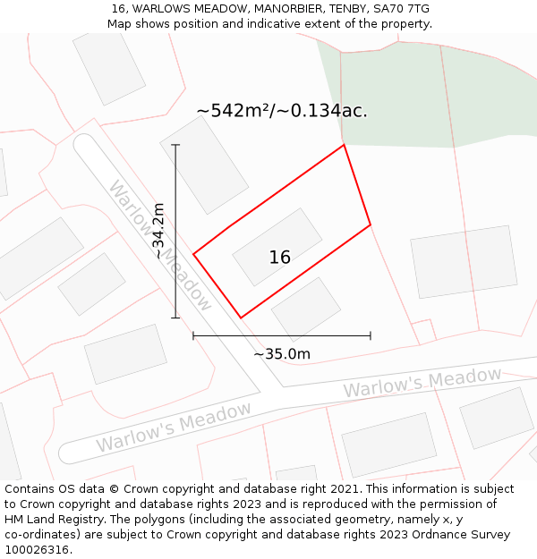 16, WARLOWS MEADOW, MANORBIER, TENBY, SA70 7TG: Plot and title map