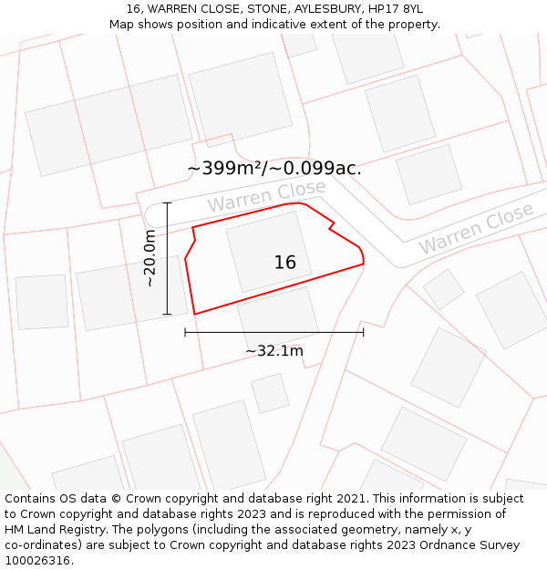 16, WARREN CLOSE, STONE, AYLESBURY, HP17 8YL: Plot and title map