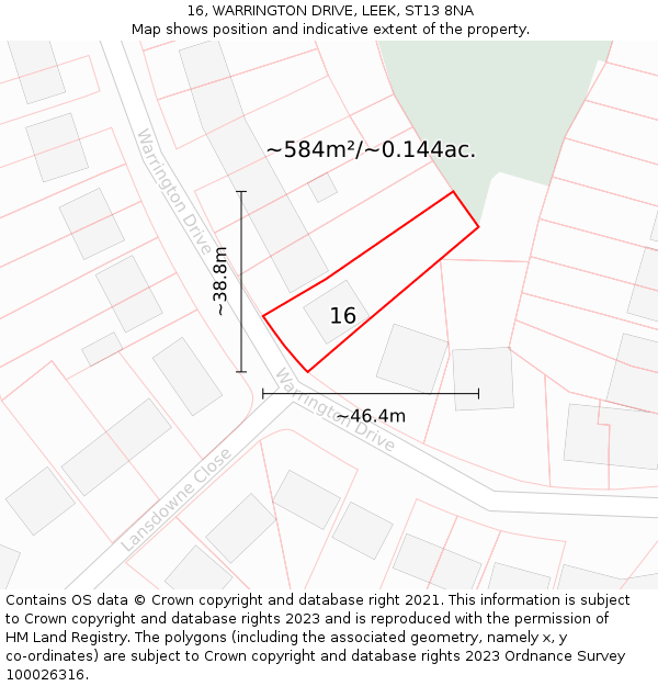 16, WARRINGTON DRIVE, LEEK, ST13 8NA: Plot and title map