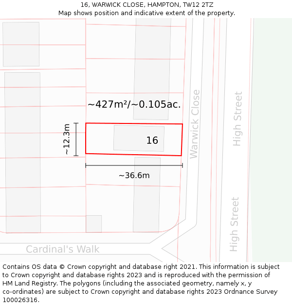 16, WARWICK CLOSE, HAMPTON, TW12 2TZ: Plot and title map