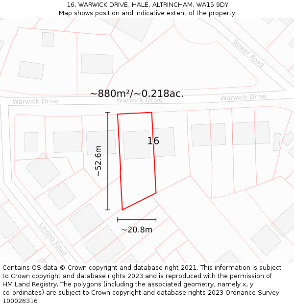 16, WARWICK DRIVE, HALE, ALTRINCHAM, WA15 9DY: Plot and title map