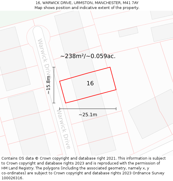 16, WARWICK DRIVE, URMSTON, MANCHESTER, M41 7AY: Plot and title map