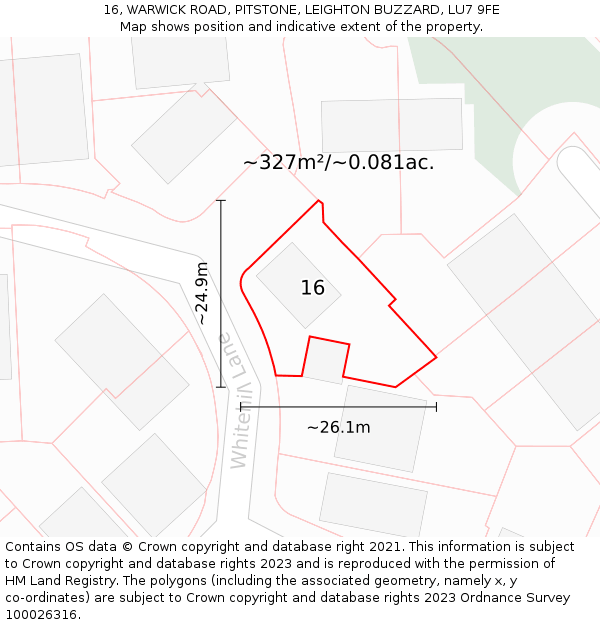 16, WARWICK ROAD, PITSTONE, LEIGHTON BUZZARD, LU7 9FE: Plot and title map