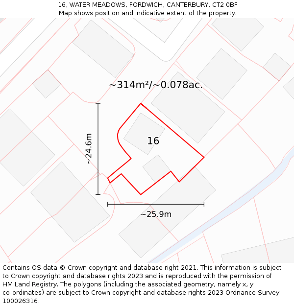 16, WATER MEADOWS, FORDWICH, CANTERBURY, CT2 0BF: Plot and title map