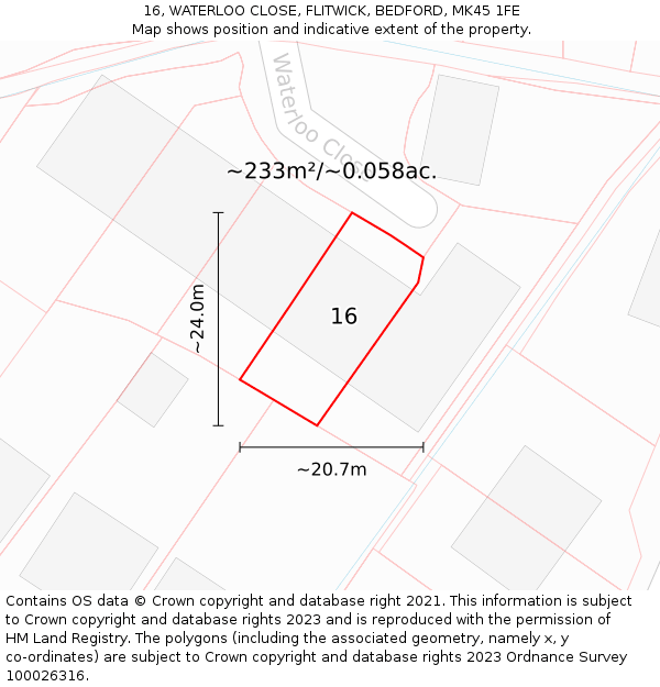 16, WATERLOO CLOSE, FLITWICK, BEDFORD, MK45 1FE: Plot and title map