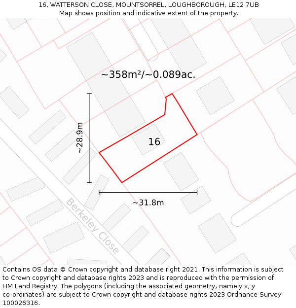 16, WATTERSON CLOSE, MOUNTSORREL, LOUGHBOROUGH, LE12 7UB: Plot and title map