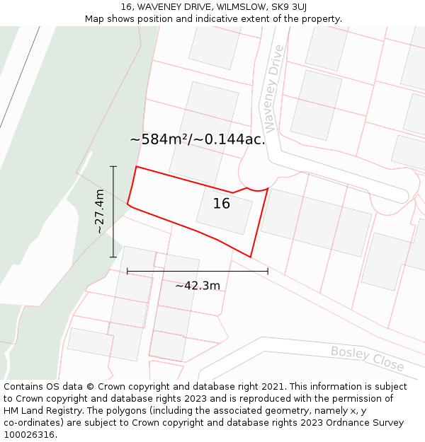 16, WAVENEY DRIVE, WILMSLOW, SK9 3UJ: Plot and title map