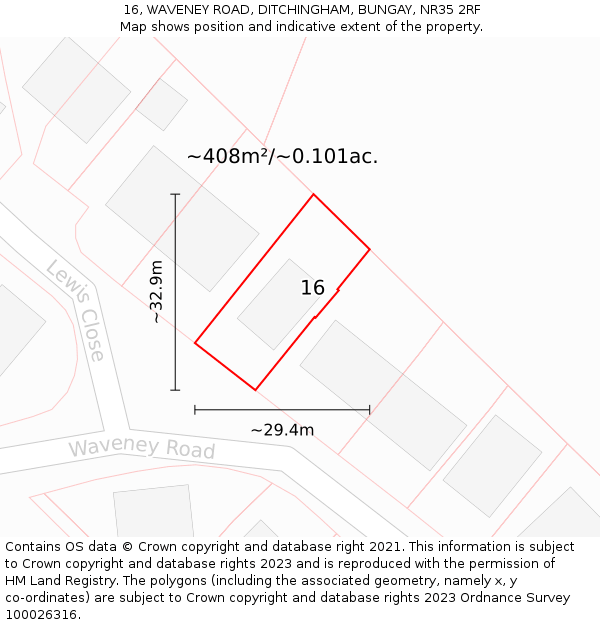 16, WAVENEY ROAD, DITCHINGHAM, BUNGAY, NR35 2RF: Plot and title map