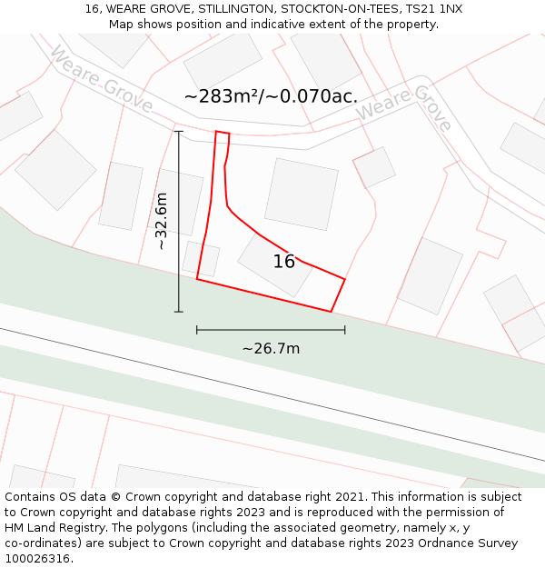 16, WEARE GROVE, STILLINGTON, STOCKTON-ON-TEES, TS21 1NX: Plot and title map