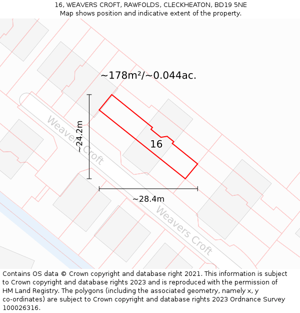 16, WEAVERS CROFT, RAWFOLDS, CLECKHEATON, BD19 5NE: Plot and title map
