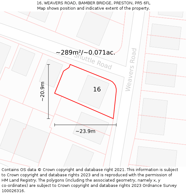 16, WEAVERS ROAD, BAMBER BRIDGE, PRESTON, PR5 6FL: Plot and title map