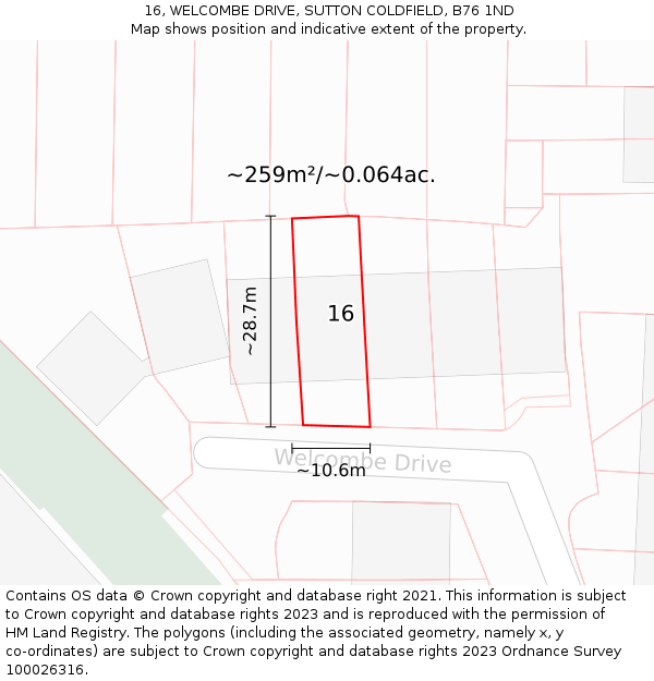 16, WELCOMBE DRIVE, SUTTON COLDFIELD, B76 1ND: Plot and title map