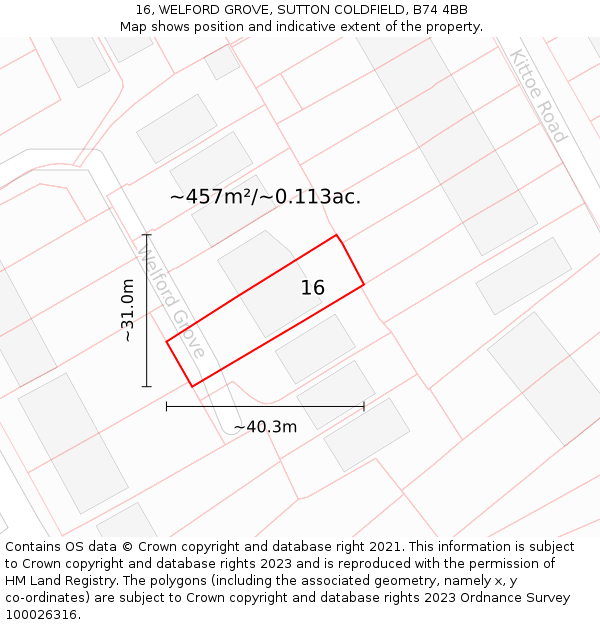 16, WELFORD GROVE, SUTTON COLDFIELD, B74 4BB: Plot and title map