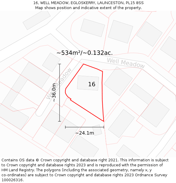 16, WELL MEADOW, EGLOSKERRY, LAUNCESTON, PL15 8SS: Plot and title map