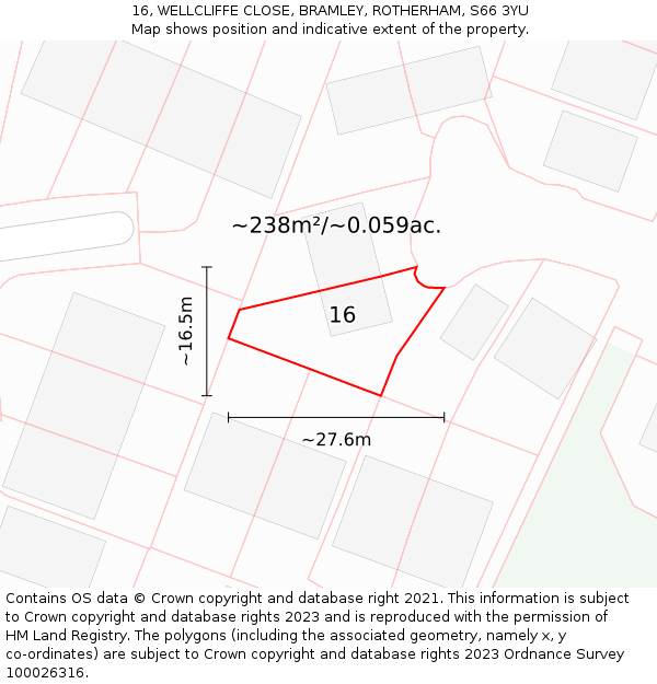 16, WELLCLIFFE CLOSE, BRAMLEY, ROTHERHAM, S66 3YU: Plot and title map