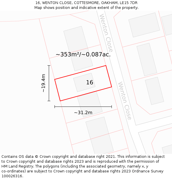 16, WENTON CLOSE, COTTESMORE, OAKHAM, LE15 7DR: Plot and title map