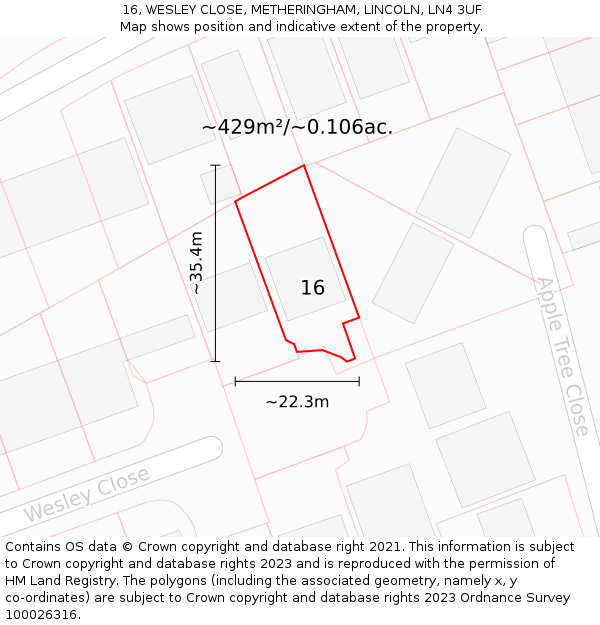 16, WESLEY CLOSE, METHERINGHAM, LINCOLN, LN4 3UF: Plot and title map