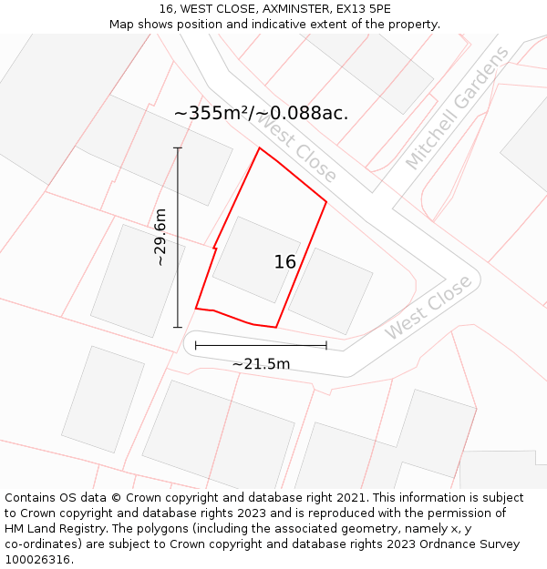 16, WEST CLOSE, AXMINSTER, EX13 5PE: Plot and title map