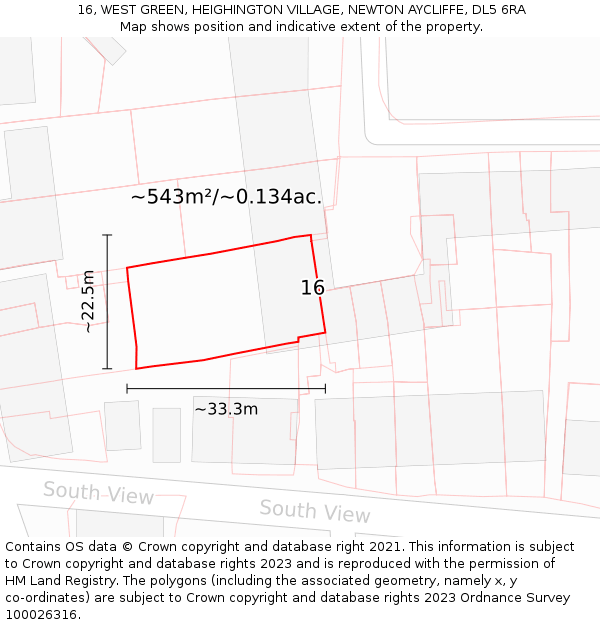 16, WEST GREEN, HEIGHINGTON VILLAGE, NEWTON AYCLIFFE, DL5 6RA: Plot and title map