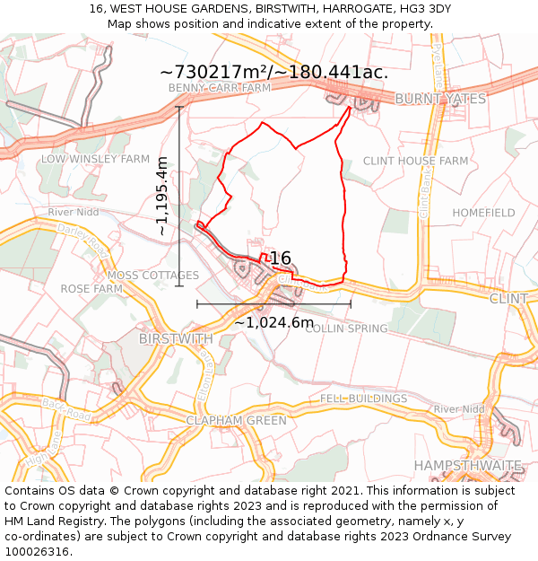 16, WEST HOUSE GARDENS, BIRSTWITH, HARROGATE, HG3 3DY: Plot and title map