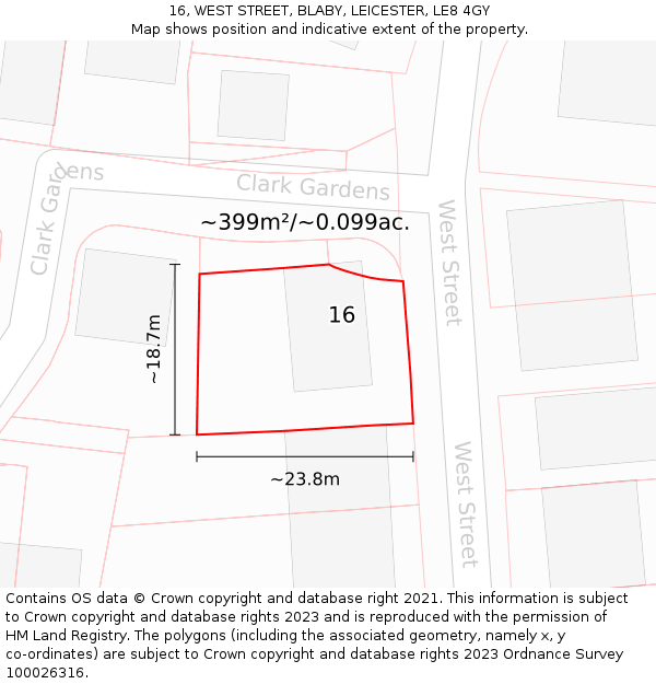 16, WEST STREET, BLABY, LEICESTER, LE8 4GY: Plot and title map