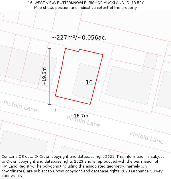 16, WEST VIEW, BUTTERKNOWLE, BISHOP AUCKLAND, DL13 5PY: Plot and title map