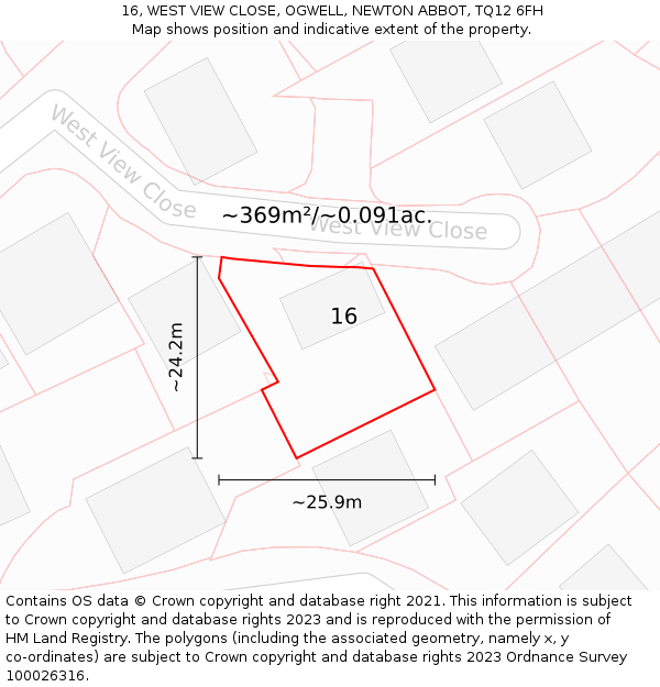 16, WEST VIEW CLOSE, OGWELL, NEWTON ABBOT, TQ12 6FH: Plot and title map
