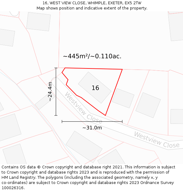 16, WEST VIEW CLOSE, WHIMPLE, EXETER, EX5 2TW: Plot and title map