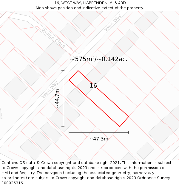 16, WEST WAY, HARPENDEN, AL5 4RD: Plot and title map