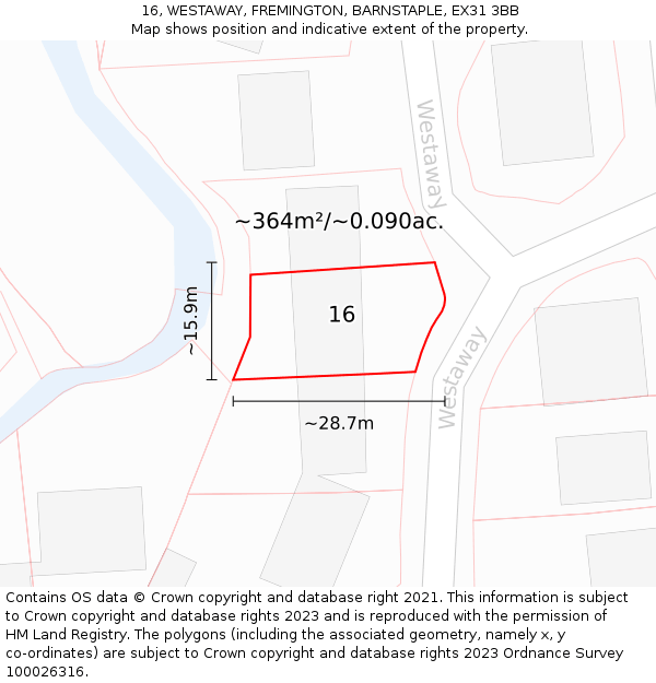 16, WESTAWAY, FREMINGTON, BARNSTAPLE, EX31 3BB: Plot and title map